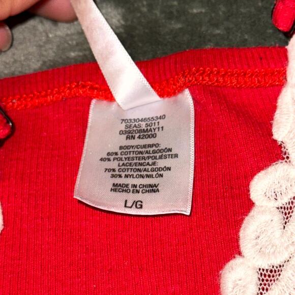 Bongo Y2K Cami Tank Top Women Large Red Cotton Ribbed Lace Neck Spaghetti Strap - Picture 5 of 8